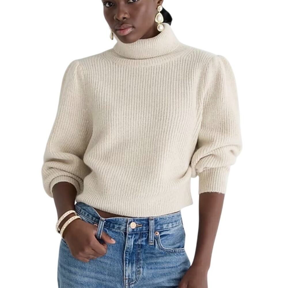 J. CREW Cropped Puff-Sleeve Turtleneck Sweater Women’s S Cream Beige Alpaca Wool